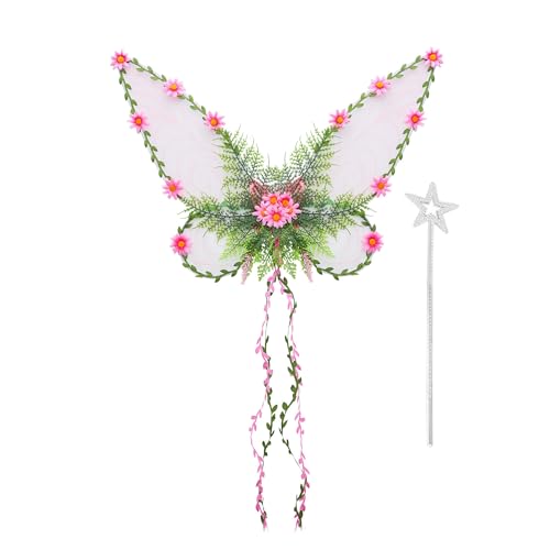 Dubute Feenflügel für Erwachsene und Frauen, Schmetterlingsflügel für Mädchen, Blumen und Blätter, Engelsflügel, Halloween-Kostüm, Verkleiden (Rosa-A, Einheitsgröße) von Dubute