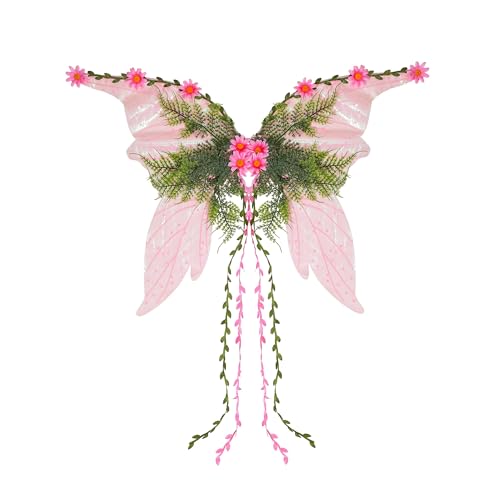 Dubute Feenflügel für Erwachsene und Frauen, Schmetterlingsflügel für Mädchen, Blumen und Blätter, Engelsflügel, Halloween-Kostüm, Verkleiden (Rosa-C, Einheitsgröße) von Dubute