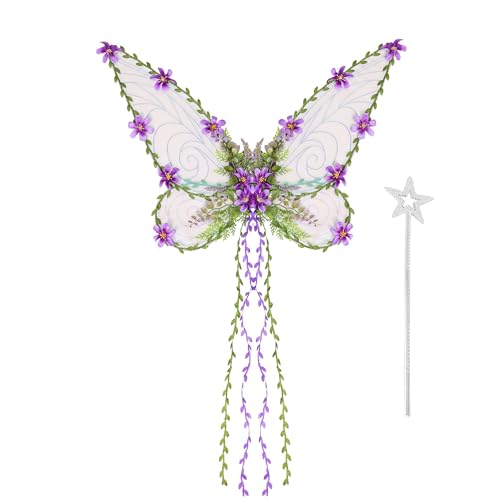 Dubute Feenflügel für Erwachsene und Frauen, Schmetterlingsflügel für Mädchen, Blumen und Blätter, Engelsflügel, Halloween-Kostüm, Verkleiden (Violett-A, Einheitsgröße) von Dubute