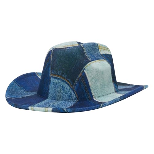 Dubute Halloween-Cowboyhut für Damen und Herren, aufgerollt, Patchwork, Batikfärbung, Denim, Cowgirl-Hut mit Gürtel, Marineblau, Einheitsgröße Dubute Halloween-Cowboyhut für Damen und Herren, aufgerollt, Patchwork, Batikfärbung, Denim, Cowgirl-Hut mit Gürtel, Marineblau, Einheitsgröße von Dubute