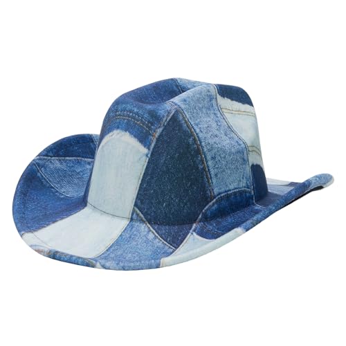 Dubute Halloween-Cowboyhut für Damen und Herren, aufgerollt, Patchwork, Batikfärbung, Denim, Cowgirl-Hut mit Gürtel (Blau, Einheitsgröße) von Dubute