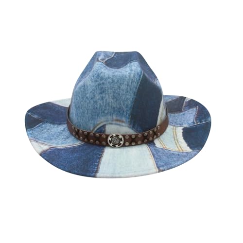 Dubute Halloween-Cowboyhut für Damen und Herren, aufgerollt, Patchwork, Batikfärbung, Denim, Cowgirl-Hut mit Gürtel (Blau mit Gürtel, Einheitsgröße) von Dubute