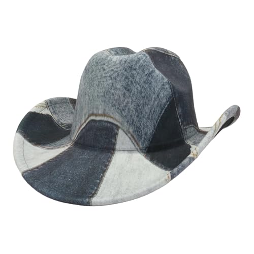 Dubute Halloween-Cowboyhut für Damen und Herren, aufgerollt, Patchwork, Batikfärbung, Denim, Cowgirl-Hut mit Gürtel (Grau-A, Einheitsgröße) von Dubute