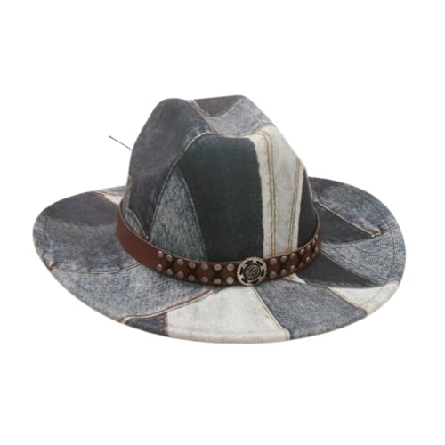 Dubute Halloween-Cowboyhut für Damen und Herren, aufgerollt, Patchwork, Batikfärbung, Denim, Cowgirl-Hut mit Gürtel (Grau mit Gürtel, Einheitsgröße) von Dubute