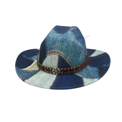 Dubute Halloween-Cowboyhut für Damen und Herren, aufgerollt, Patchwork, Batikfärbung, Denim, Cowgirl-Hut mit Gürtel (Marineblau, mit Gürtel, Einheitsgröße) von Dubute
