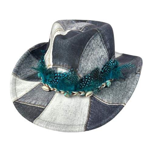 Dubute Halloween-Cowboyhut für Damen und Herren, aufgerollt, Patchwork, Batikfärbung, Denim, Cowgirl-Hut mit Gürtel (grauer Federgürtel, Einheitsgröße) von Dubute