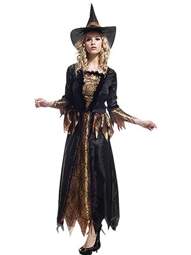 Dubute Halloween-Hexenkostüm für Damen, Spinnennetz, Patchwork, langes Kleid, Hexenkostüm mit schwarzem Hut (Schwarz, M) von Dubute