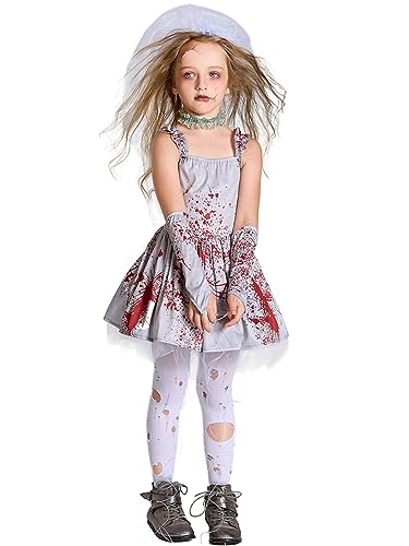 Dubute Halloween-Kostüm-Outfit für Mädchen, Gothic, ärmellos, blutiges Kleid, Zombie-Braut, Kostüm, Cosplay, Verkleidungsparty (Grau, 8–10 Jahre) von Dubute