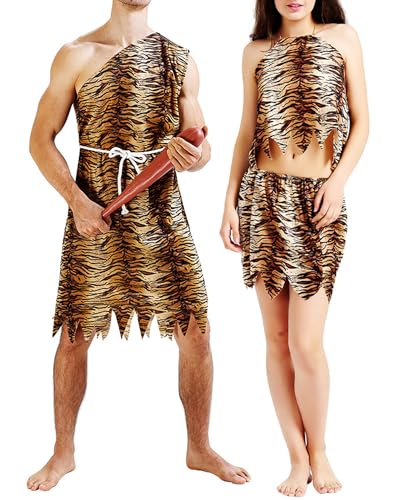 Dubute Halloween-Kostüm für Erwachsene, Höhlenmensch-Kostüm für Damen, Herren, Leopardenmuster, Jumpsuit/Tops und Rock mit Gürtel, Dschungel-Cosplay (Damen, Einheitsgröße, Braun) von Dubute