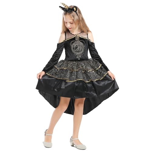 Dubute Halloween-Kostüm für Mädchen, Tier-Strasssteine, gestuft, gerüscht, Netzstoff, Schwalbenschwanz-Saum, Kleid, Kopfreif, Cosplay (Schwarz, 4–6 Jahre) von Dubute