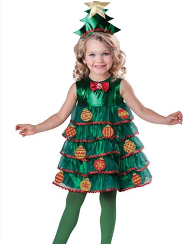 Dubute Kinder-Weihnachtsbaumkostüm für Mädchen, Weihnachtsfeier, Tutu, Kleid, Cosplay, Weihnachtsbaum-Outfits mit Kopfbedeckung (Armeegrün, L) von Dubute
