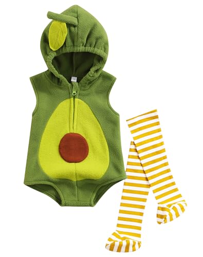 Dubute Kleinkind Baby Junge Mädchen Halloween Avocado Kostüm Ärmellos Hoodies Outfit Reißverschluss Bodysuit mit warmen Socken (Grün, 0-6 Monate) von Dubute