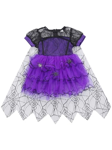 Dubute Kleinkind Halloween Outfit Baby Mädchen Hexen Kurzarm Spinne Tüll Kleid Kleine Mädchen Vampir Hexe Kostüm (Lila, 12-18 Monate) von Dubute