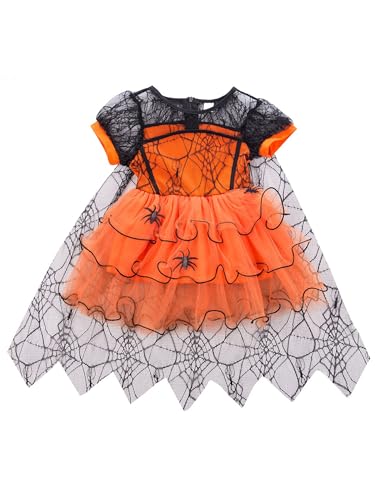 Dubute Kleinkind Halloween Outfit Baby Mädchen Hexen Kurzarm Spinne Tüll Kleid Kleine Mädchen Vampir Hexe Kostüm (Orange, 4-5T) von Dubute