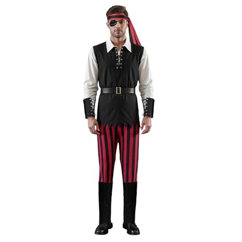 Dubute Piratenkostüm für Erwachsene, Herren, Halloween-Kostüm, Augenklappe, Oberteil, Hose, Gürtel, 5-teiliges Set, Cosplay, Verkleidung, Party-Outfit (Schwarz, M) von Dubute