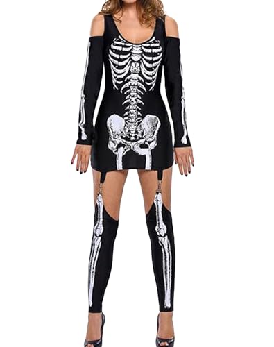Dubute Skelettkleid für Damen, Halloween-Skelett-Kostüm für Erwachsene, Halloween-Kostüm, Party (Schwarz, Größe 2XL) von Dubute