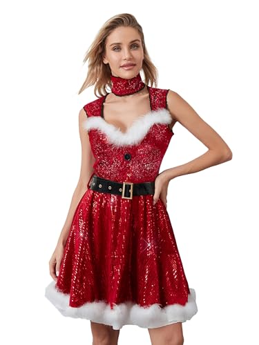 Dubute Weihnachtsmann-Kleid für Damen, Samt, Frauenmann-Kostüm, Kleid, Fellbesatz, Weihnachtsmann, Cosplay, Outfit (Rot, L) von Dubute