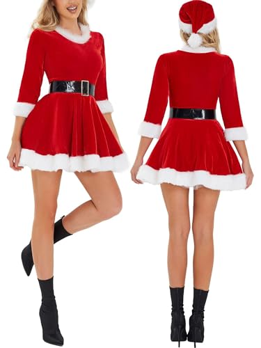 Weihnachtskleider für Damen Samt Weihnachtsmann Outfit Off Langarm Claus Kostüm 3pcs Nikolausmütze mit Gürtel (Rot, L) von Dubute