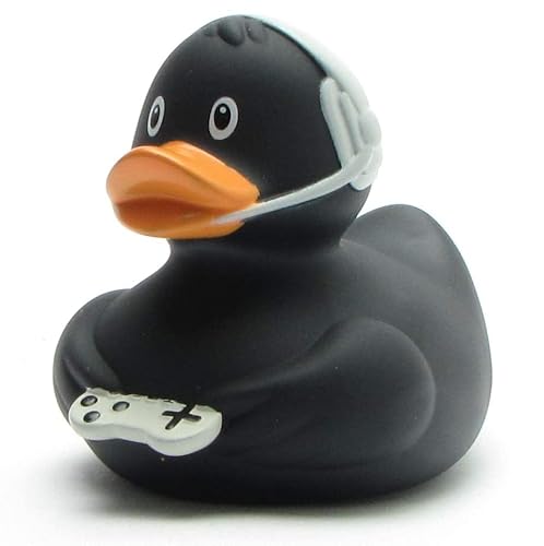Duckshop I Badeente Gamer schwarz I L: 10 cm I Quietscheente I inkl. Quietscheentchen -Schlüsselanhänger im Set I Geschenk für Zocker I Präsent Sammler von Duckshop