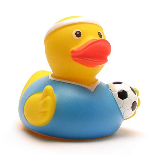 Duckshop I Badeente I Quietscheente I Ente Fußballer blaues Trikot I L: 7,5 cm I inkl. Badeenten-Schlüsselanhänger im Set von Duckshop