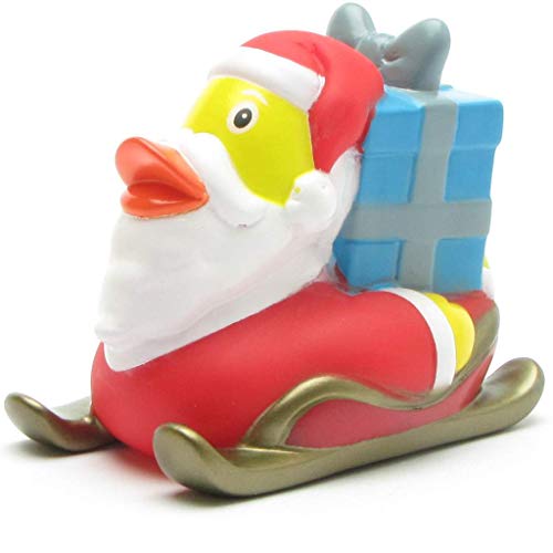 Duckshop I Weihnachtsmann Badeente auf Schlitten I Quietscheente L: 8,5 cm von Duckshop