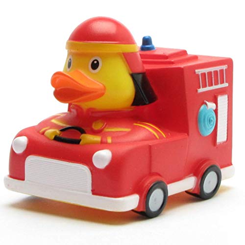 Feuerwehrauto Badeente I Quietscheente I L: 9 cm I inkl. Badeenten-Schlüsselanhänger im Set Gelb von Duckshop