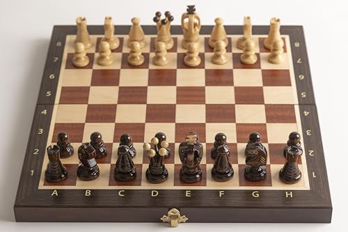 Holz-Schachset 34x34 cm – Klappbares Schachbrett aus Furnier (Mahagoni, Ebenholz, Ahorn) | Handgefertigte Figuren | Hergestellt in Polen von Dudrak