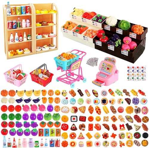 Miniatur-Puppenhaus-Lebensmittel-Set, Mini-Spielzeug, Lebensmittel, Getränke, Gemüse, Obst, Supermarkt, Einkaufswagen, Kasse, Puppenhausmöbel, Partymodell, Regale, Spielspiel für Kinder, 158 Stück Miniatur-Puppenhaus-Lebensmittel-Set, Mini-Spielzeug, Lebensmittel, Getränke, Gemüse, Obst, Supermarkt, Einkaufswagen, Kasse, Puppenhausmöbel, Partymodell, Regale, Spielspiel für Kinder, 158 Stück von DuduJelly