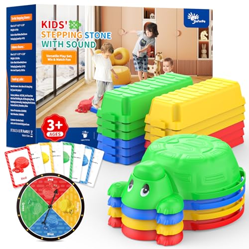 Schwebebalken und Trittsteine für Kinder – 4 Trittsteine in Schildkrötenform und 12 verbindbare Balken mit Sound-Funktion, Farbspinner, Rätselkarten, lustiges Balancetraining und Hinderniskurs, 16 von Dufvrpe