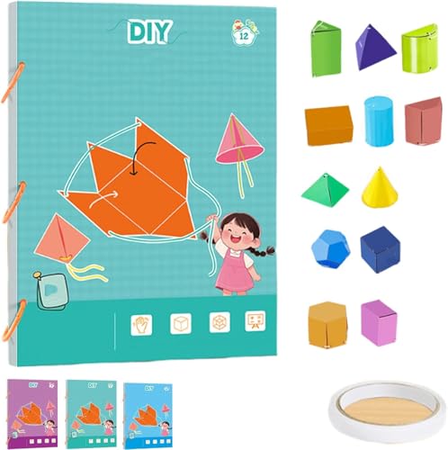 Pull String 3D Geometry Learning Book, Interactive Pull-String Geometry Learning Kit with 9/12/15 Solids Geometric Models with Safe Braided Rope Design (12-Model) von Dujuanus