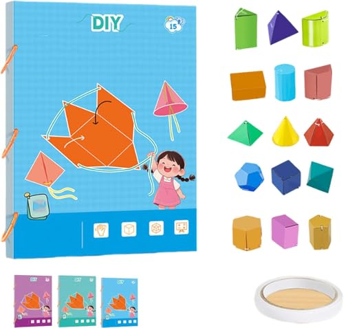 Pull String 3D Geometry Learning Book, Interactive Pull-String Geometry Learning Kit with 9/12/15 Solids Geometric Models with Safe Braided Rope Design (15-Model) von Dujuanus