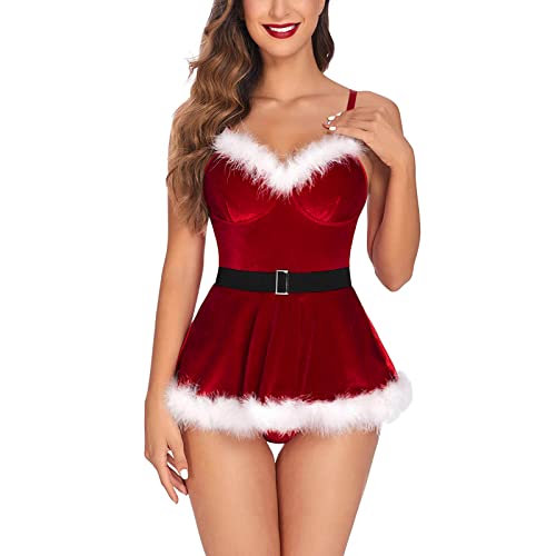 Damen Weihnachts Dessous Sexy Cosplay Weihnachtskostüm Frauen Christmas Lingerie Kleid Samt Nachtwäsche Babydoll Dessous von Duohropke