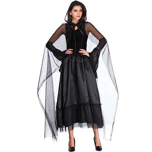 Duohropke Halloween Kostüm Damen Horror Nonne Kleidung Gruselige Kleidung mit Kleider Handschuhe und Umhang Vampirkleid Hexenkostüm Langarm Vampir Robe Karneval Cosplay Kleid Ausführen Kostüme von Duohropke