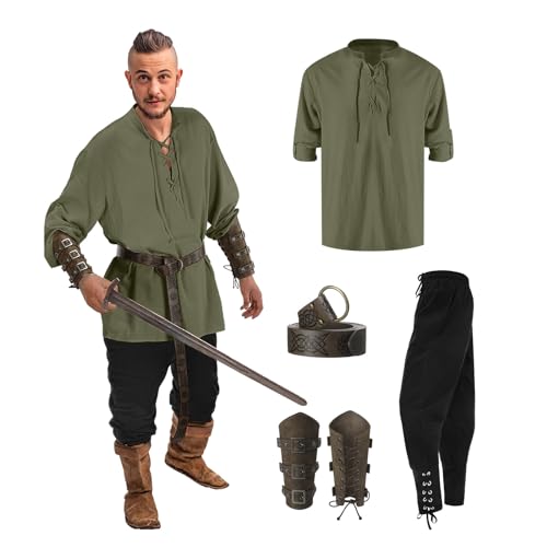 Duohropke Herren Mittelalter Kostüm Set, Herren Renaissance Kostüm Set mit Gürtel, Handgelenkschützer, Leinenhemd Herren Mitteralter Hemd und Hose, Viktorian Viking Kostüm für Karneval Cosplay von Duohropke