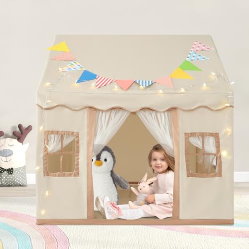 Kinderzelt Kinder Spielhaus Indoor Kinder Bettzelt mit Matte und Lichtern Kinderspielhaus Prinzessin Zelt mit Fenstern, 120 x 100 x 130 cm (Beige) von Duoruameng