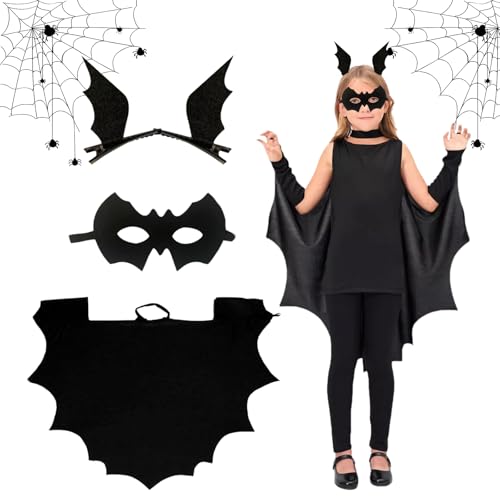 Durdiiy Fledermaus-Umhang für Kinder, Kostümzubehör für Kinder, 3-teiliges Set (Scary Verkleidung + Maske + Stirnband), Vampir, Fledermausflügel, Hexenumhang, Einheitsgröße, Alter 4–12 Jahre von Durdiiy