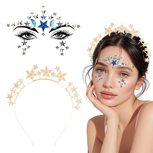 Durdiiy Haarreif Sterne Silber/Gold/Roségold mit Sterne Strass Gesichtstattoo,Haarschmuck Damen,Karneval Fasching Haarschmuck Kopfschmuck Sterne Stirnband Haarreifen für Damen Mädchen (golden, 2) von Durdiiy