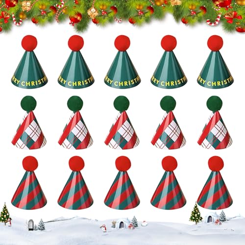 Durdiiy Weihnachten Party Hüte 15Pcs Mini Papier Multicolor Weihnachten Kegel Kopfbedeckung Kinder Jungen Gilrs Urlaub Geburtstag Weihnachten Feier Party Zubehör Dekoration mit flauschigem Ball von Durdiiy