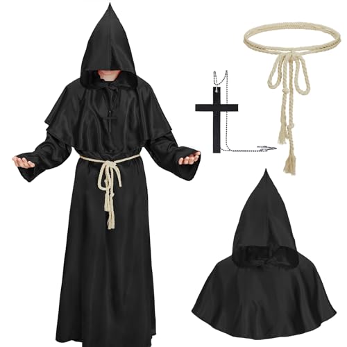 Durio mönch kostüm robe heren horror halloween kostüm herren mittelalter umhang priester kostüm cosplay Schwarz S von Durio