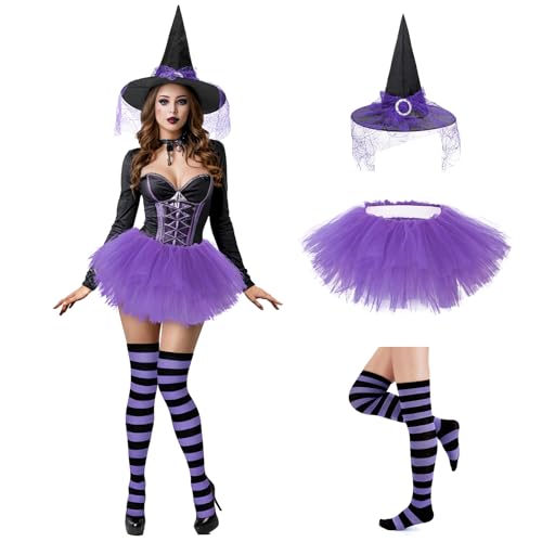 Hexenkostüm für Damen, Tutu, Hexenhut, gestreifte Oberschenkelhohe Socken, 3-teiliges Halloween-Kostüm-Set, Hexen-Outfit, Verkleiden für Cosplay, Party, Rollenspiele, Lila, Einheitsgröße von Durio