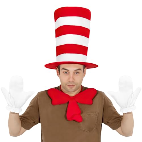 Duroecsain Katzen-Hut Kostüm Erwachsene - Rot-Weiß Gestreifter Hut Fliege Handschuhe Cosplay | Atmungsaktive Cosplay Zubehör Rollenspiel Verkleidung Für Damen Herren Kinder Feste Partys von Duroecsain