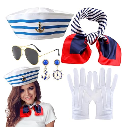 Duroecsain Kostüm-Zubehör, Yachtkapitän-Outfit – Navy Boat Scarf Hat Sunglasses Set Erwachsene | Zubehör des 5X DROY UP für die Wasserkreuzfahrt-Party von Duroecsain