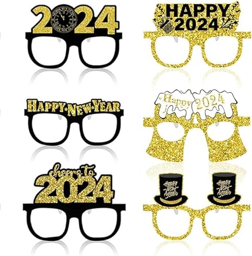 Dusenly 6 Stück 2024 Happy New Year Brillen Papier Gläser Rahmen 2024 Silvester Party Brillen Foto Requisiten Dekorationen von Dusenly