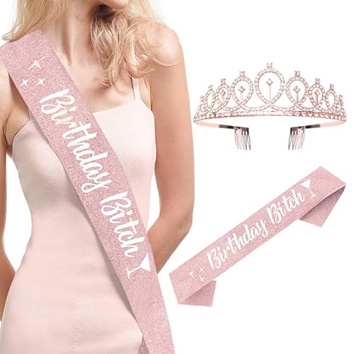 Dusenly Geburtstags-Bitch-Schärpe, Krone, Tiara, lustige Party-Dekoration, Zubehör, niedliche Frauen und Mädchen, Geburtstagsgeschenke (Roségold) von Dusenly