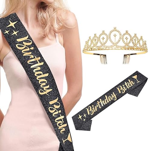 Dusenly Geburtstags-Bitch-Schärpe, Krone, Tiara, lustige Party-Dekoration, Zubehör, niedliche Frauen und Mädchen, Geburtstagsgeschenke (Schwarzgold) von Dusenly