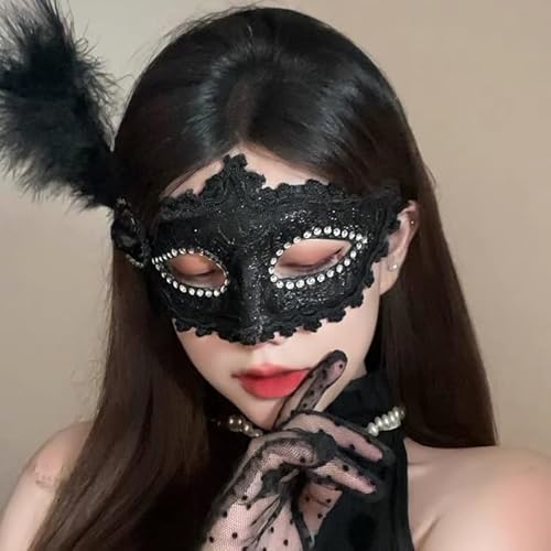 Dusenly Venezianische Damenmaske, Ballmasken, Federdekoration für Halloween, Karneval, Fasching, Cosplay, Kostüm, Partyzubehör (schwarz) von Dusenly