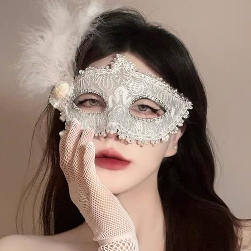 Dusenly Venezianische Damenmaske, Ballmasken, Federdekoration für Halloween, Karneval, Fasching, Cosplay, Kostüm, Partyzubehör (weiß) von Dusenly