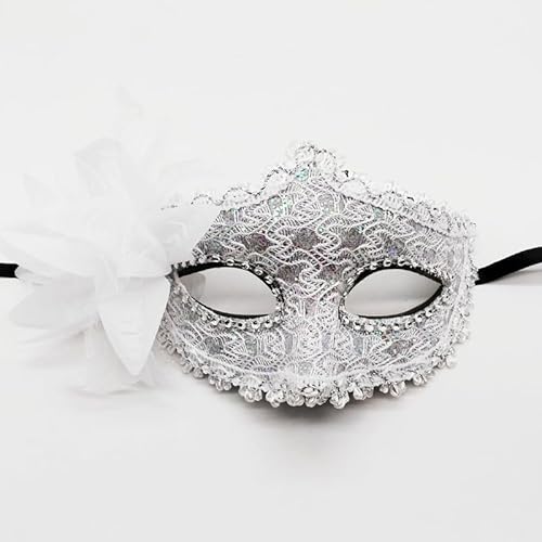 Dusenly Venezianische Gesichtsmaske für Damen, Blumendekoration, Mädchen, Maskerade, Masken für Halloween, Maskerade, Kostüm, Cosplay, Kostüm, Partyzubehör (Silber) von Dusenly