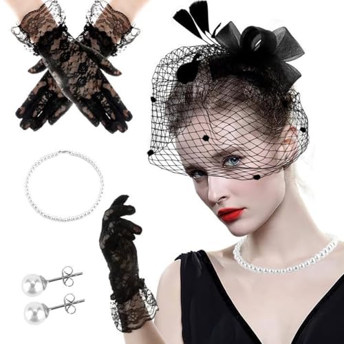 Duyeuau Flapper-Kostüm für Damen, Fascinator, Kopfbedeckung, Handschuhe, Kostüm-Set für Pferderennen, Hochzeit, Party, Teaparty, Rollenspiel-Zubehör Duyeuau Flapper-Kostüm für Damen, Fascinator, Kopfbedeckung, Handschuhe, Kostüm-Set für Pferderennen, Hochzeit, Party, Teaparty, Rollenspiel-Zubehör von Duyeuau