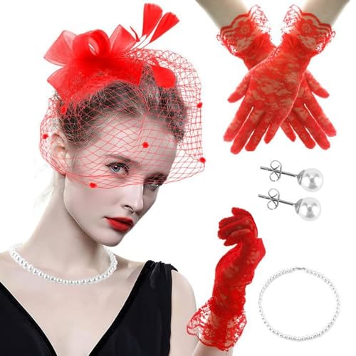 Duyeuau Flapper-Kostüm für Damen, Fascinator, Kopfbedeckung, Handschuhe, Kostüm-Set für Pferderennen, Hochzeit, Party, Teaparty, Rollenspiel-Zubehör Duyeuau Flapper-Kostüm für Damen, Fascinator, Kopfbedeckung, Handschuhe, Kostüm-Set für Pferderennen, Hochzeit, Party, Teaparty, Rollenspiel-Zubehör von Duyeuau